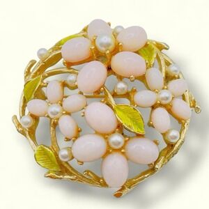 Vintage ART Brooch Arthur Pepper Pink Flowers with Pearls Pastel Colors Pin 2"